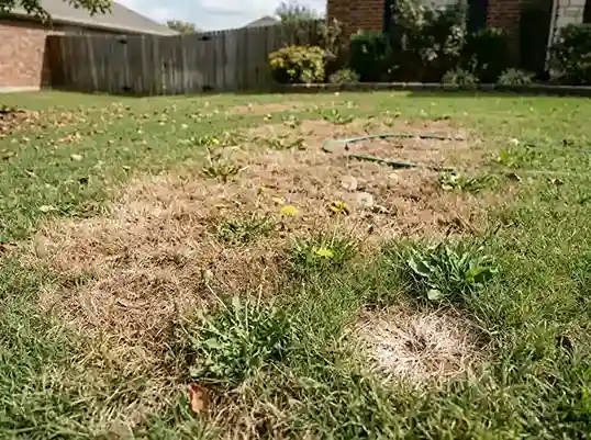 Common problems lawn pictures — dollar spot disease, brown patch, and grub damage close-up on Wisconsin turf